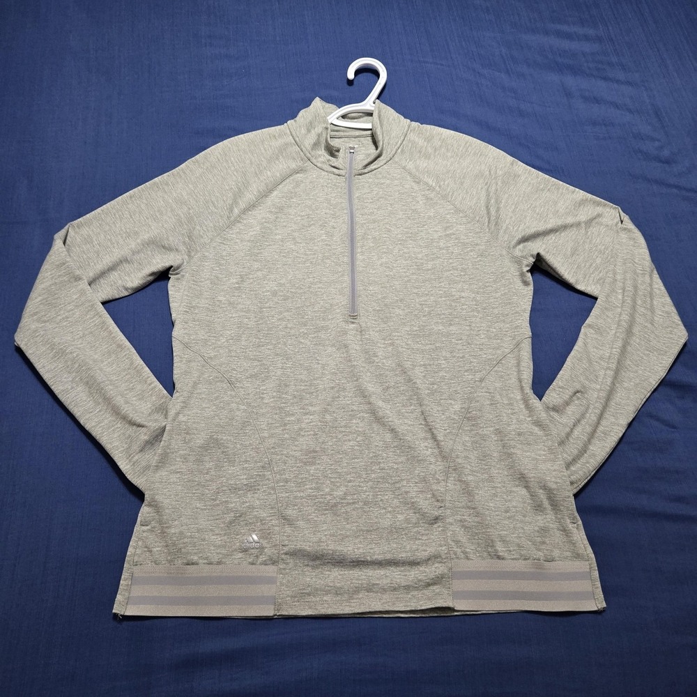 Adidas Shirt Womens L Gray 1/4 Zip Mock‎ Neck Golf Pullover Jersey Thumb Holes